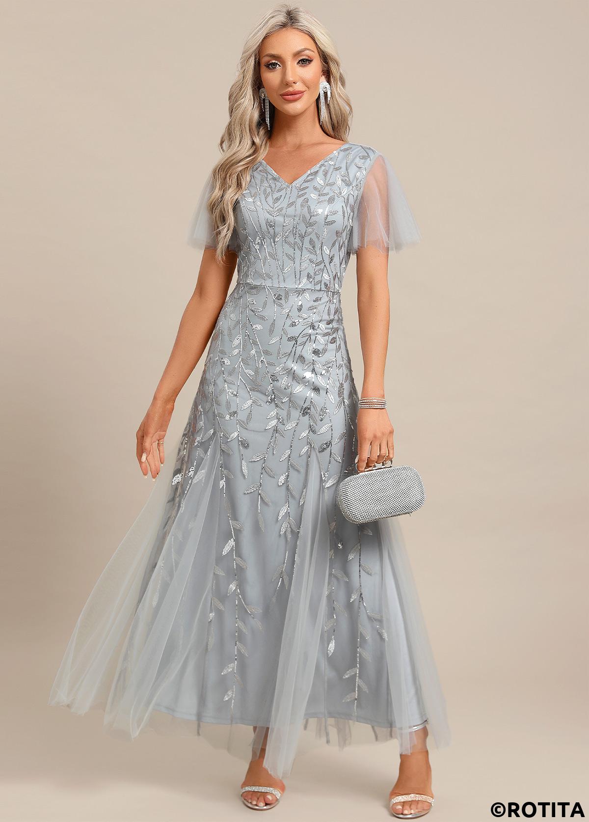 Light Grey dresses,Plain Color dresses,Party dresses,Elegant dresses,ROTITA Embroidery Light Grey Maxi V Neck Short Sleeve Dress