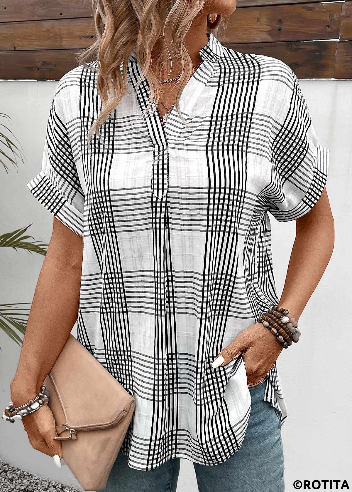 Split Plaid White Short Sleeve Blouse
