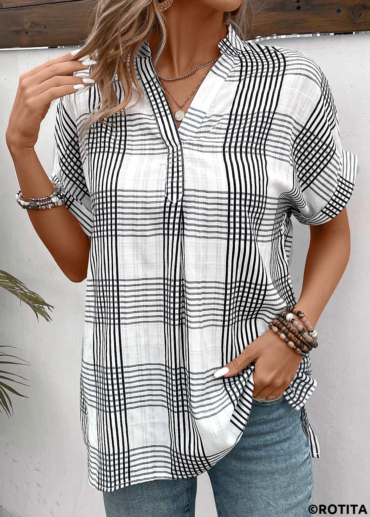 Split Plaid White Short Sleeve Blouse