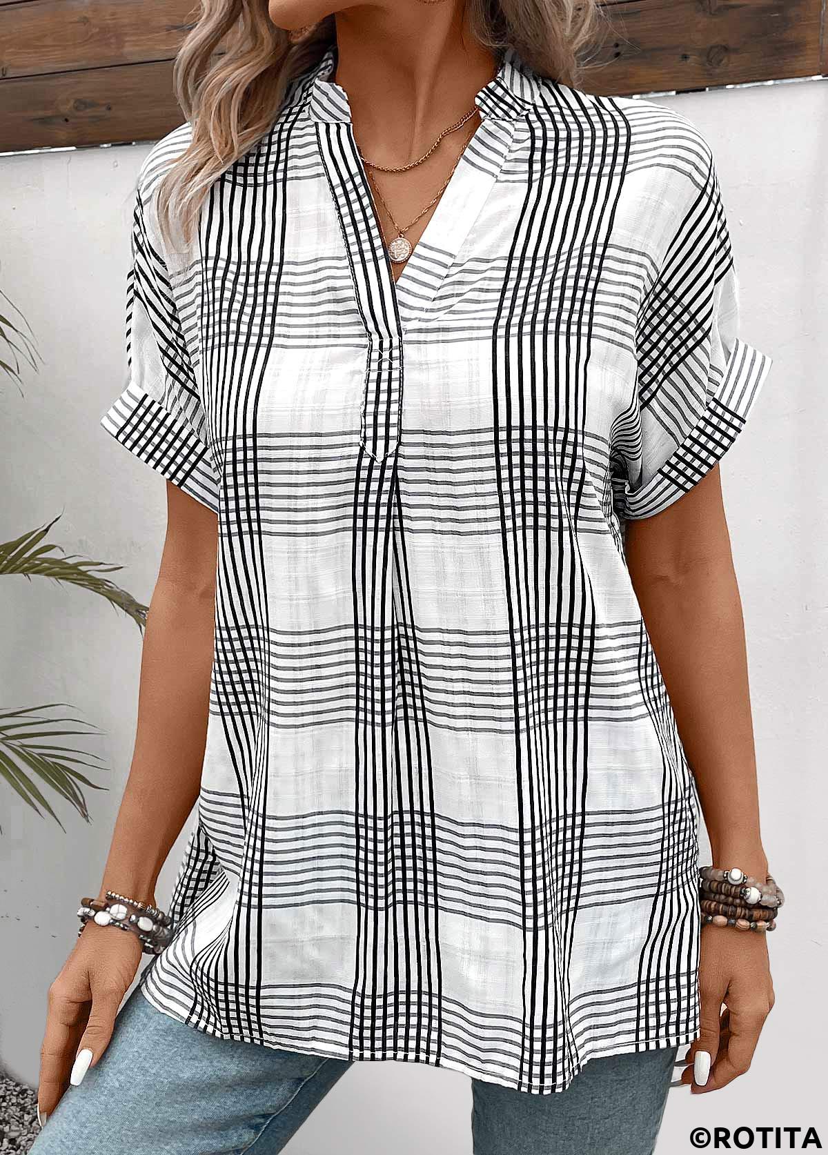 Split Plaid White Short Sleeve Blouse