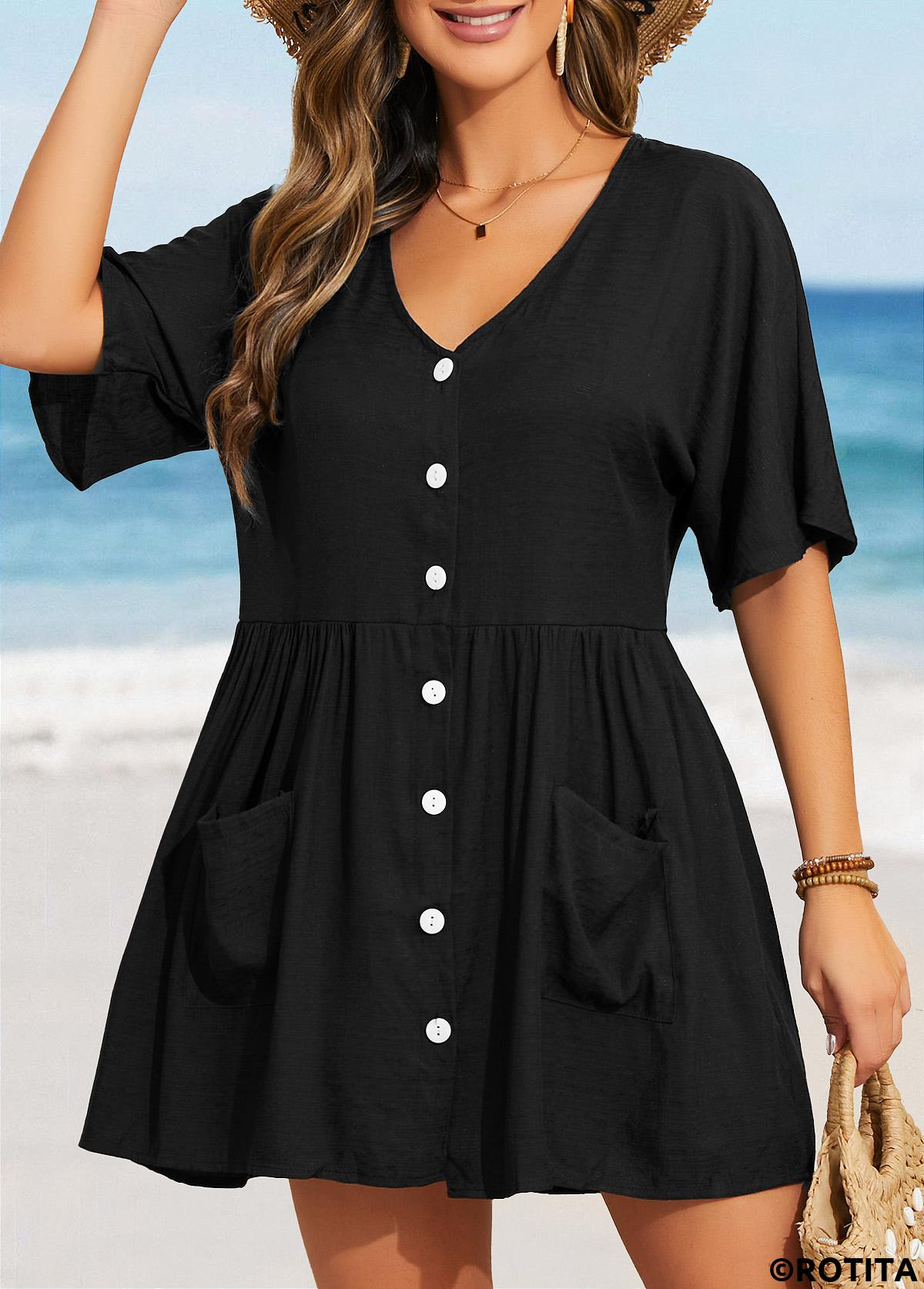 Black swimwear,Plain Color swimwear,Button Black Cover Up