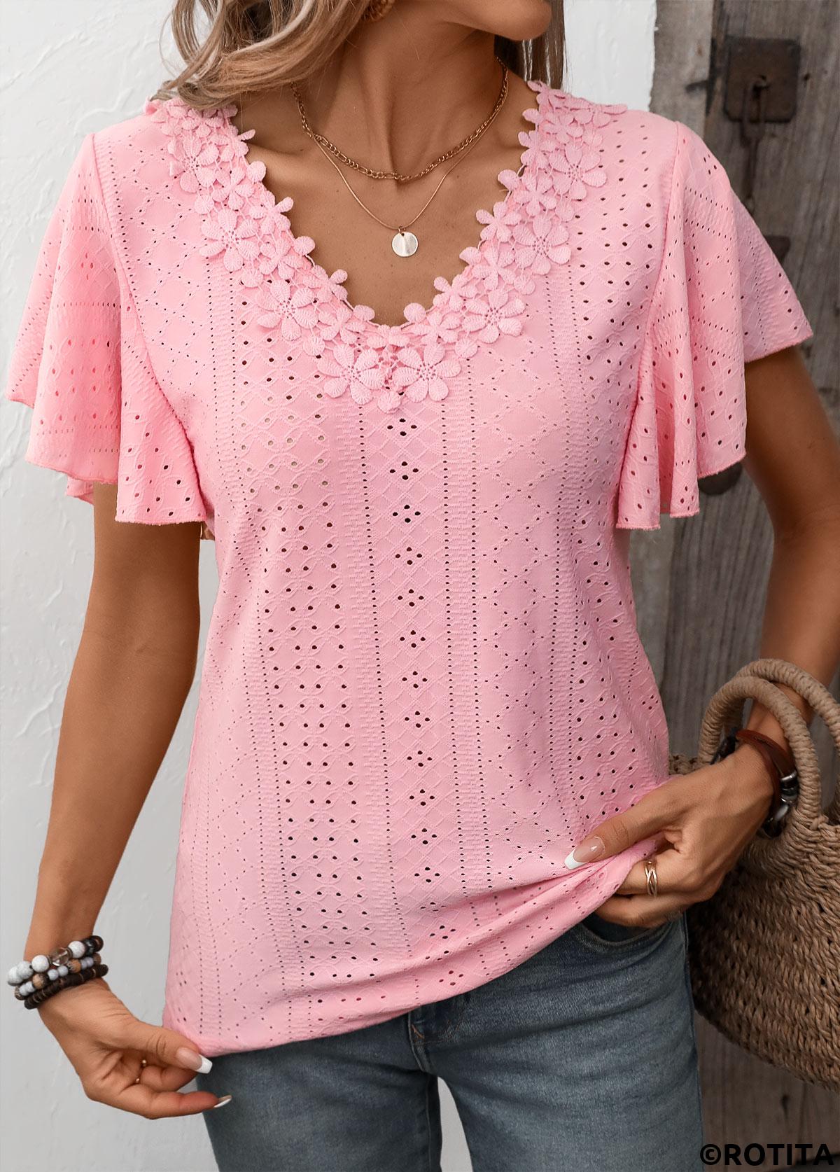 Patchwork Light Pink V Neck Short Sleeve T Shirt