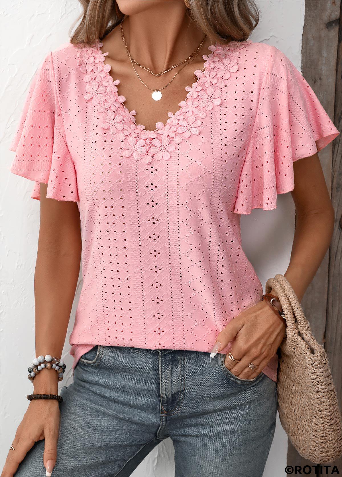 Patchwork Light Pink V Neck Short Sleeve T Shirt
