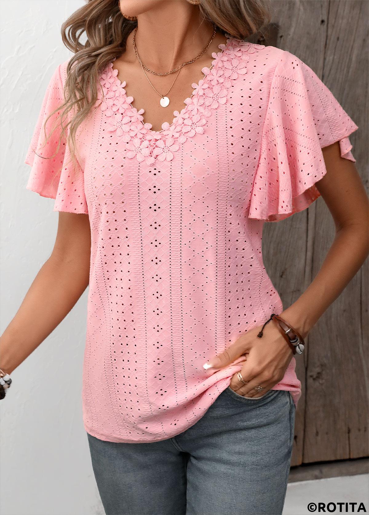 Patchwork Light Pink V Neck Short Sleeve T Shirt