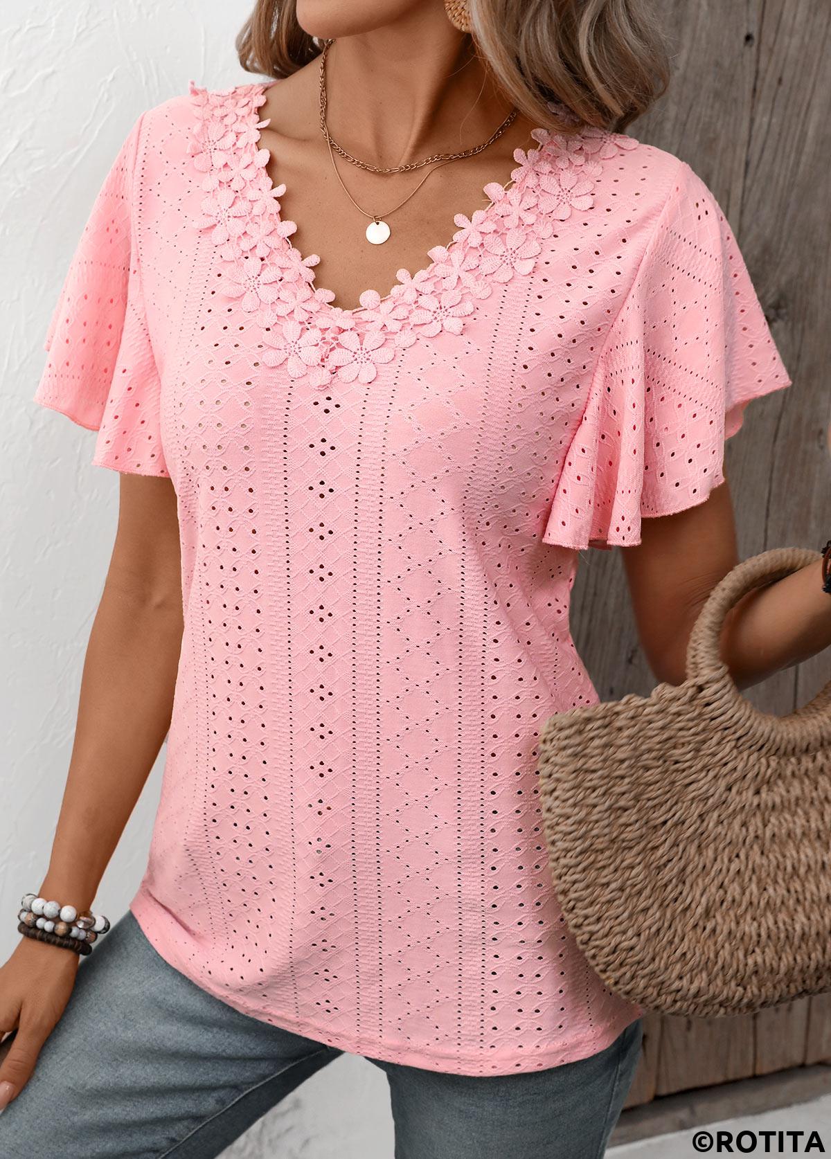 Patchwork Light Pink V Neck Short Sleeve T Shirt