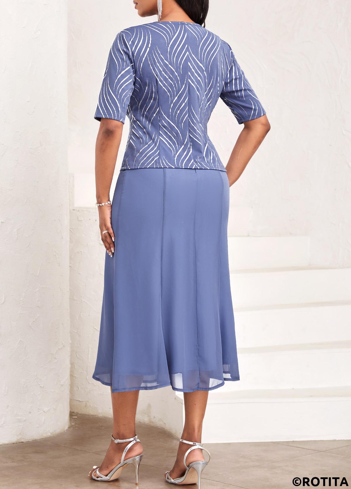 Dusty Blue dresses,Striped dresses,Geometric dresses,Party dresses,Elegant dresses,ROTITA Hot Stamping Moire Print Dusty Blue Dress and Cardigan