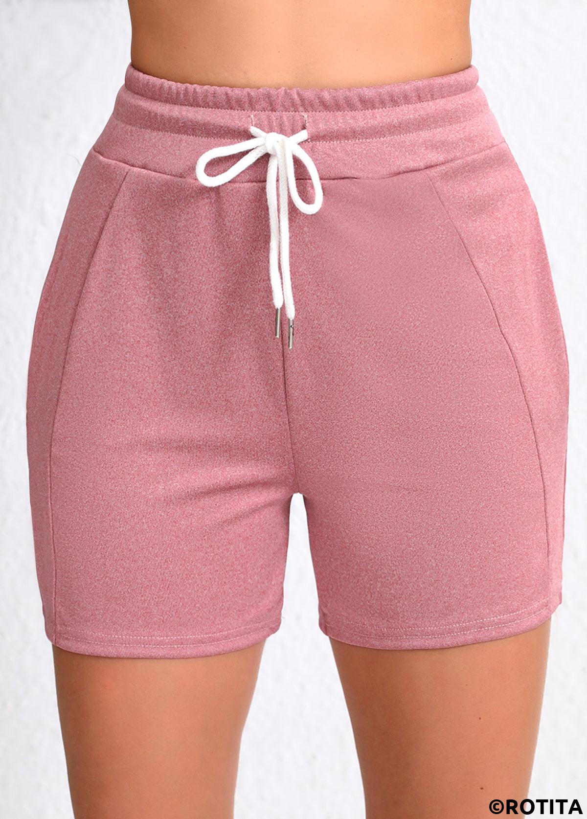 Pink bottoms,Plain Color bottoms,Pocket Regular Elastic Waist High Waisted Pink Shorts