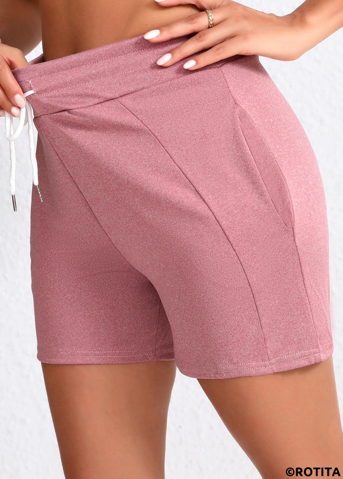 Pink bottoms,Plain Color bottoms,Pocket Regular Elastic Waist High Waisted Pink Shorts