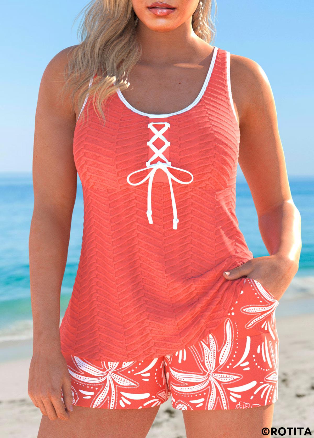 Coral swimwear,Floral swimwear,Plants swimwear,ROTITA Lace Up Coral Floral Print Tankini Set