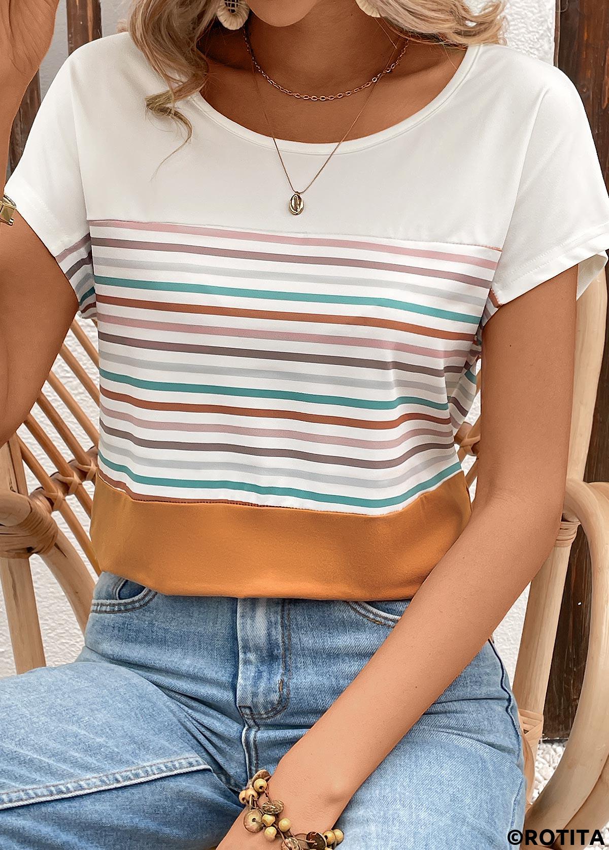 Terracotta tops,White tops,Striped tops,Geometric tops,Striped Terracotta Round Neck Short Sleeve T Shirt