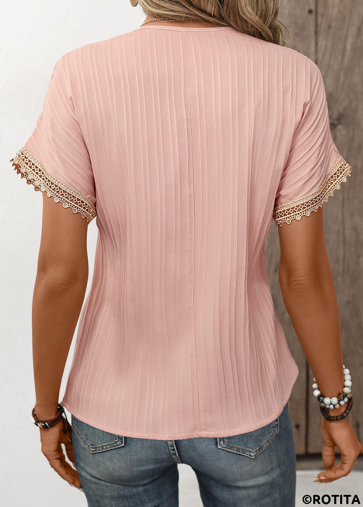 Light Pink tops,Plain Color tops,Patchwork Light Pink V Neck Short Sleeve T Shirt