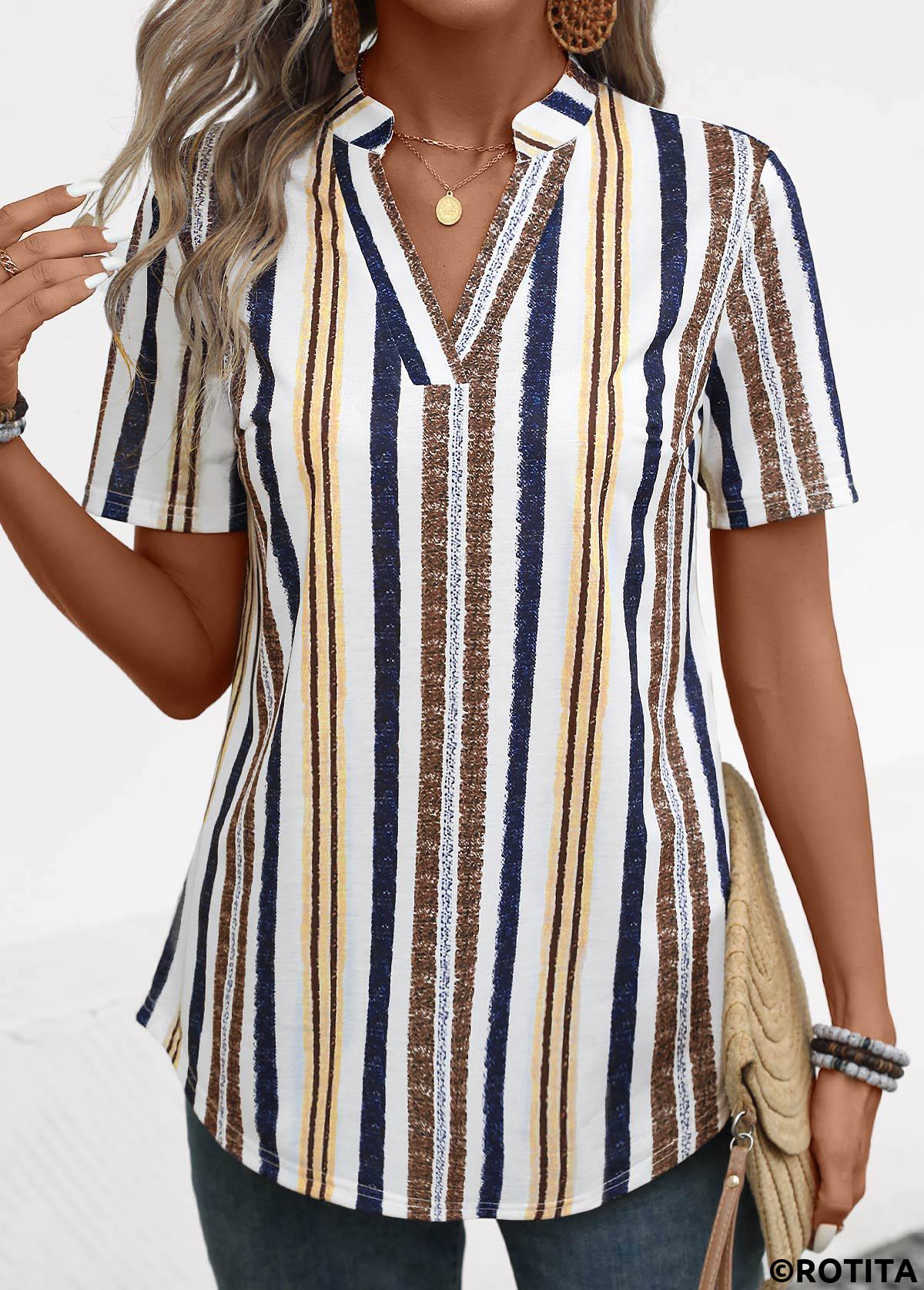 Yellow tops,Navy tops,Striped tops,Geometric tops,ROTITA Lightweight Striped Yellow Split Neck Short Sleeve Blouse