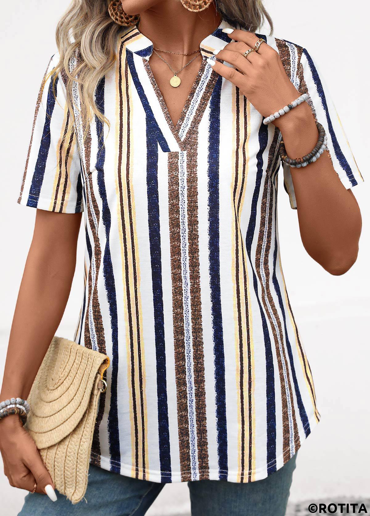 Yellow tops,Navy tops,Striped tops,Geometric tops,ROTITA Lightweight Striped Yellow Split Neck Short Sleeve Blouse