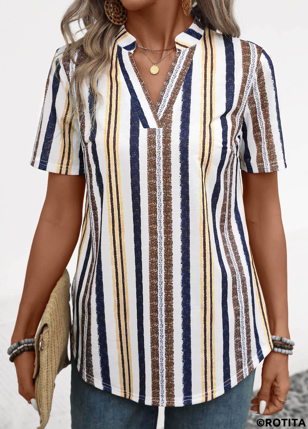 Yellow tops,Navy tops,Striped tops,Geometric tops,ROTITA Lightweight Striped Yellow Split Neck Short Sleeve Blouse