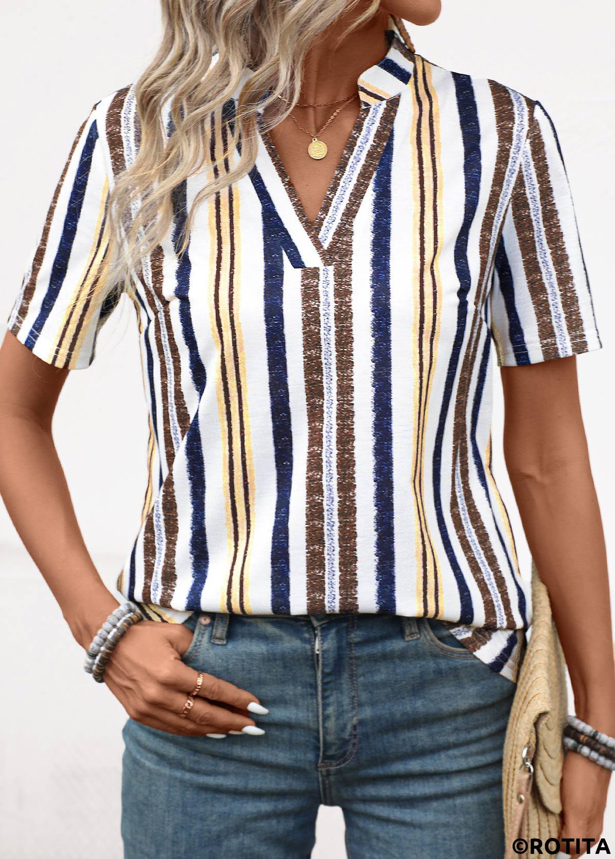 Yellow tops,Navy tops,Striped tops,Geometric tops,ROTITA Lightweight Striped Yellow Split Neck Short Sleeve Blouse