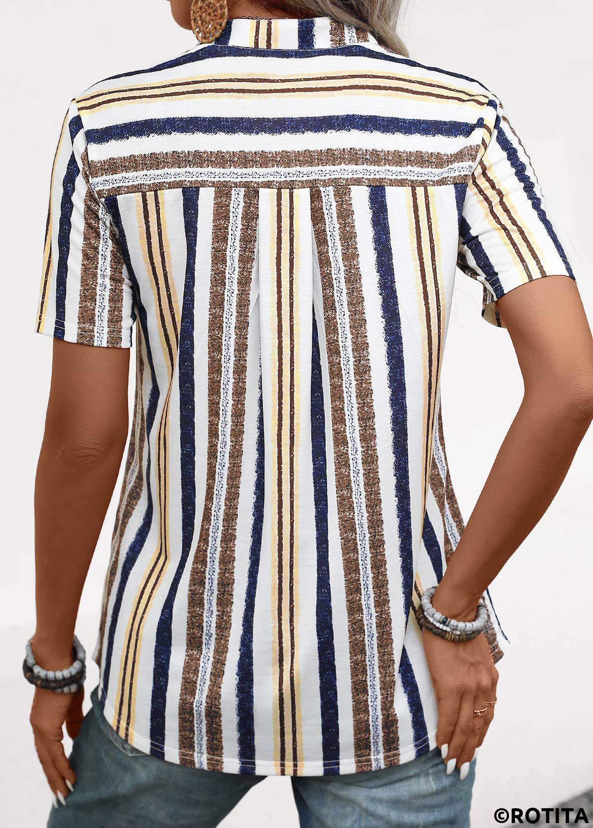 Yellow tops,Navy tops,Striped tops,Geometric tops,ROTITA Lightweight Striped Yellow Split Neck Short Sleeve Blouse