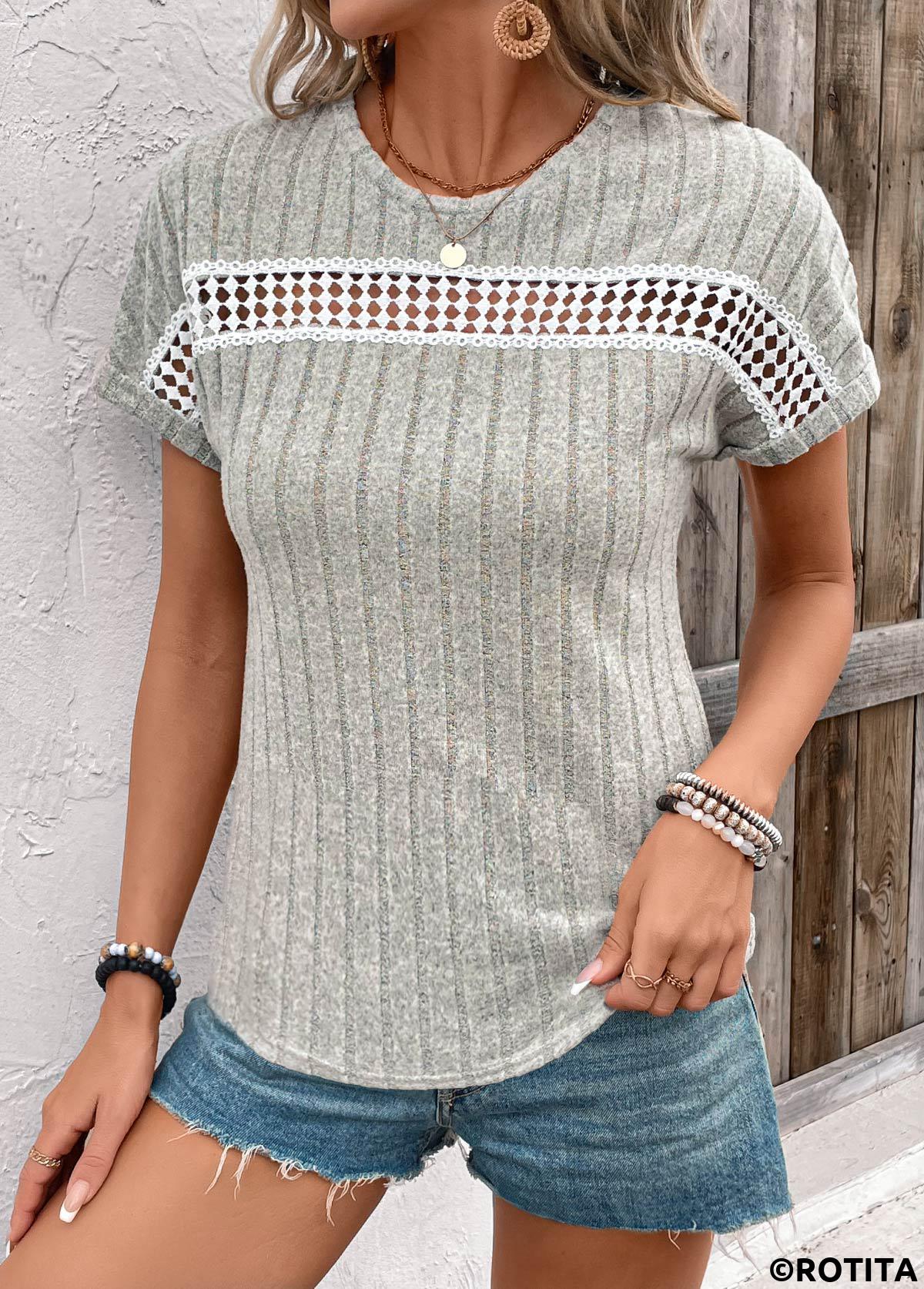 Light Grey tops,Plain Color tops,Patchwork Light Grey Round Neck Short Sleeve T Shirt