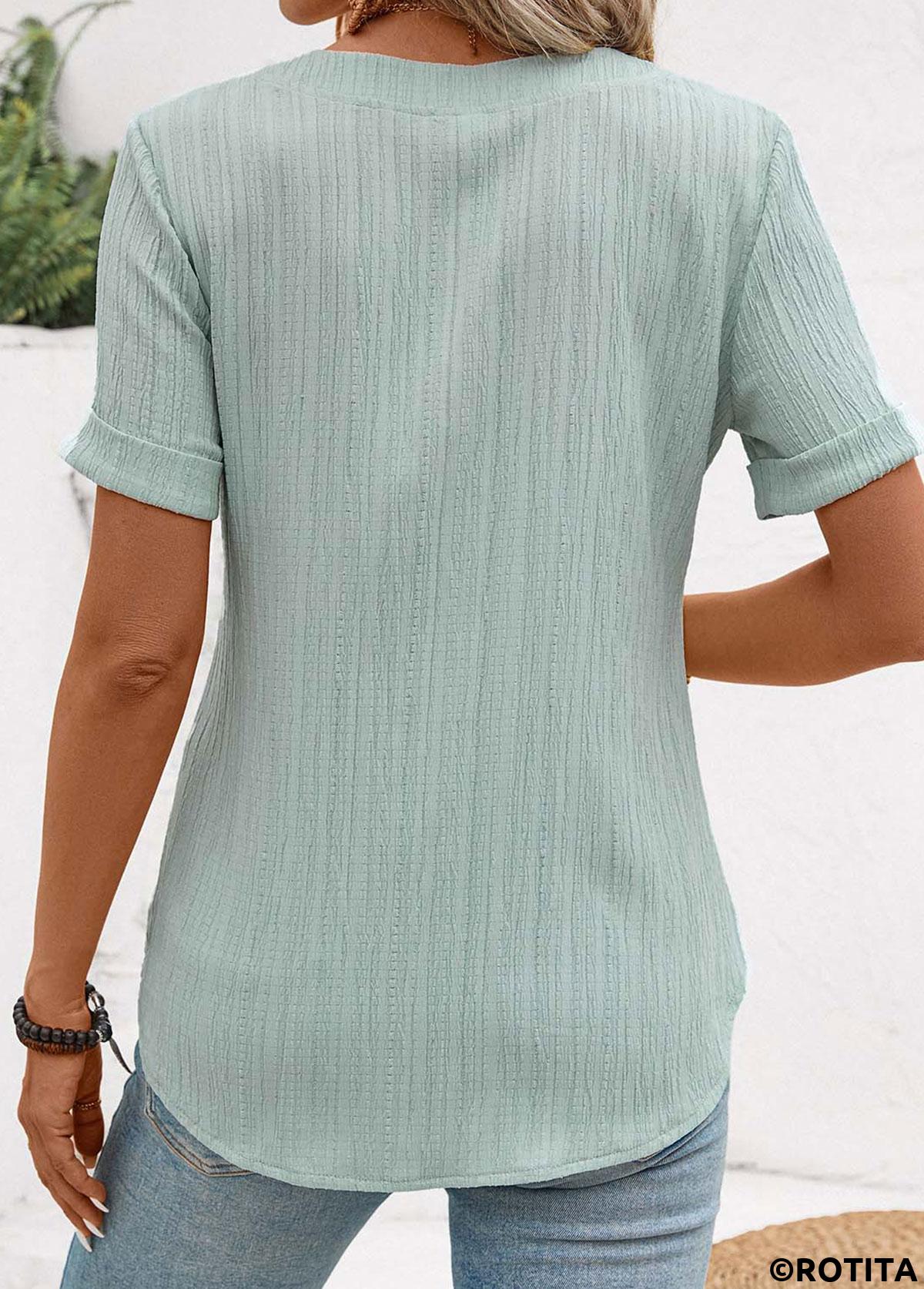 Mint Green tops,Plain Color tops,ROTITA Patchwork Mint Green Split Neck Short Sleeve Blouse