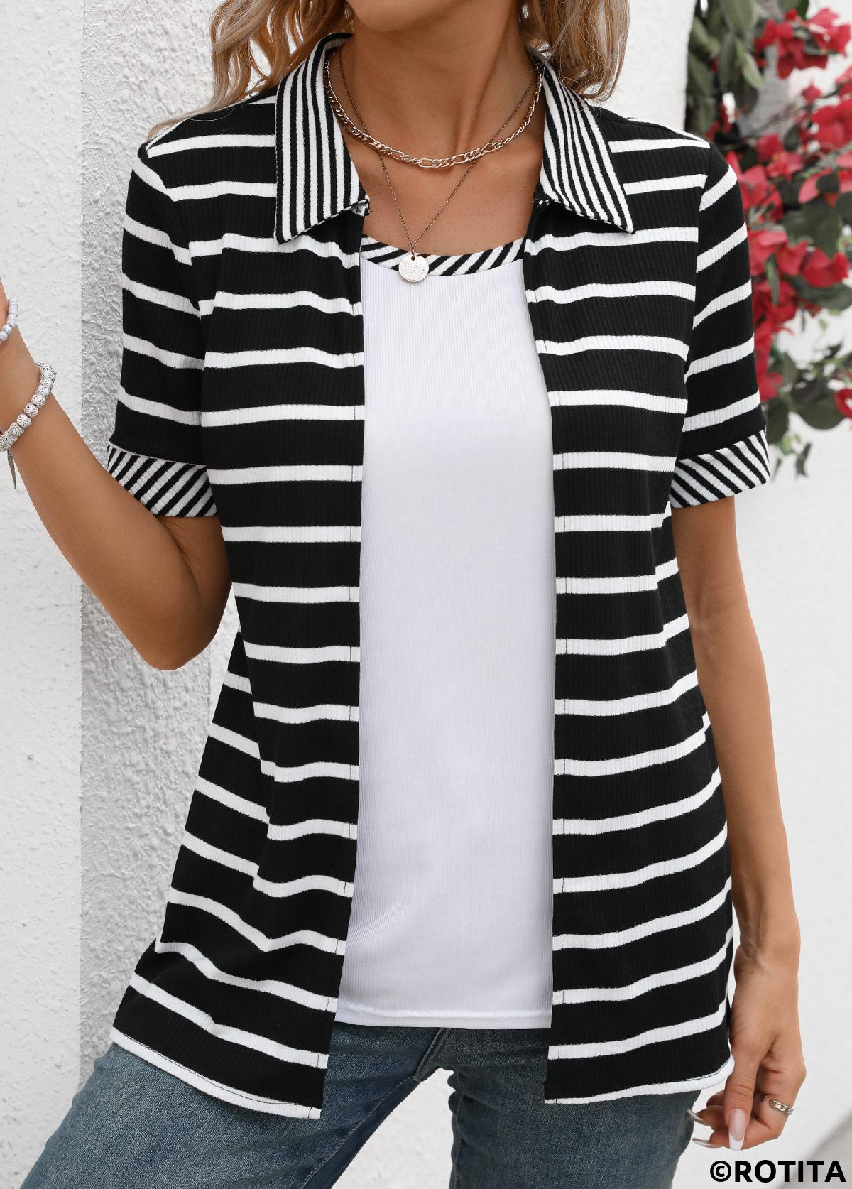ROTITA Fake 2in1 Striped Black Short Sleeve T Shirt