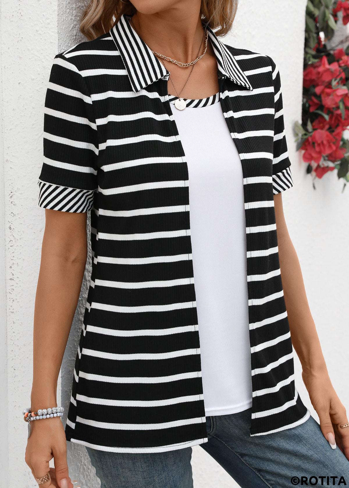 ROTITA Fake 2in1 Striped Black Short Sleeve T Shirt
