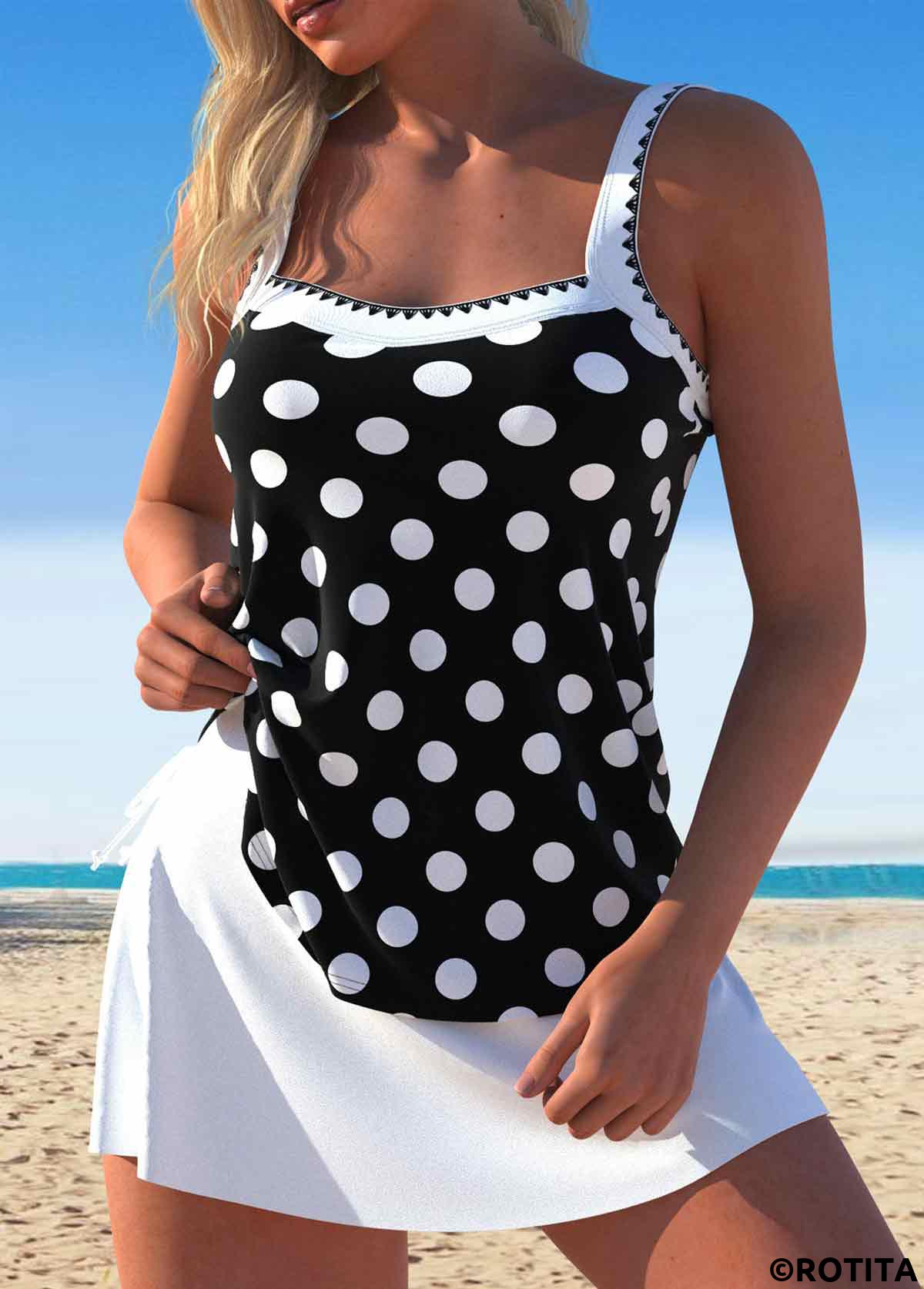 Black swimwear,White swimwear,Dot swimwear,ROTITA Split Black Polka Dot Tankini Set