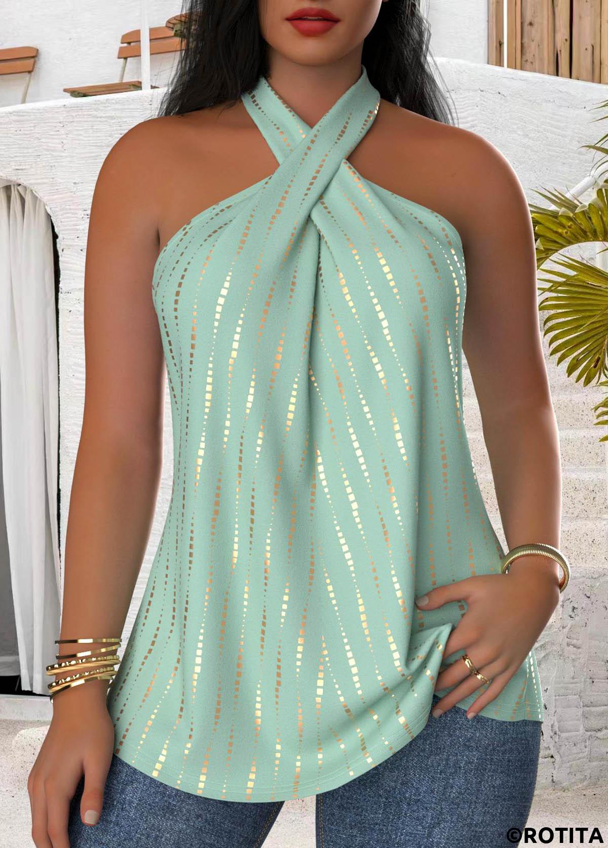 ROTITA Criss Cross Polka Dot Green Sleeveless Tank Top