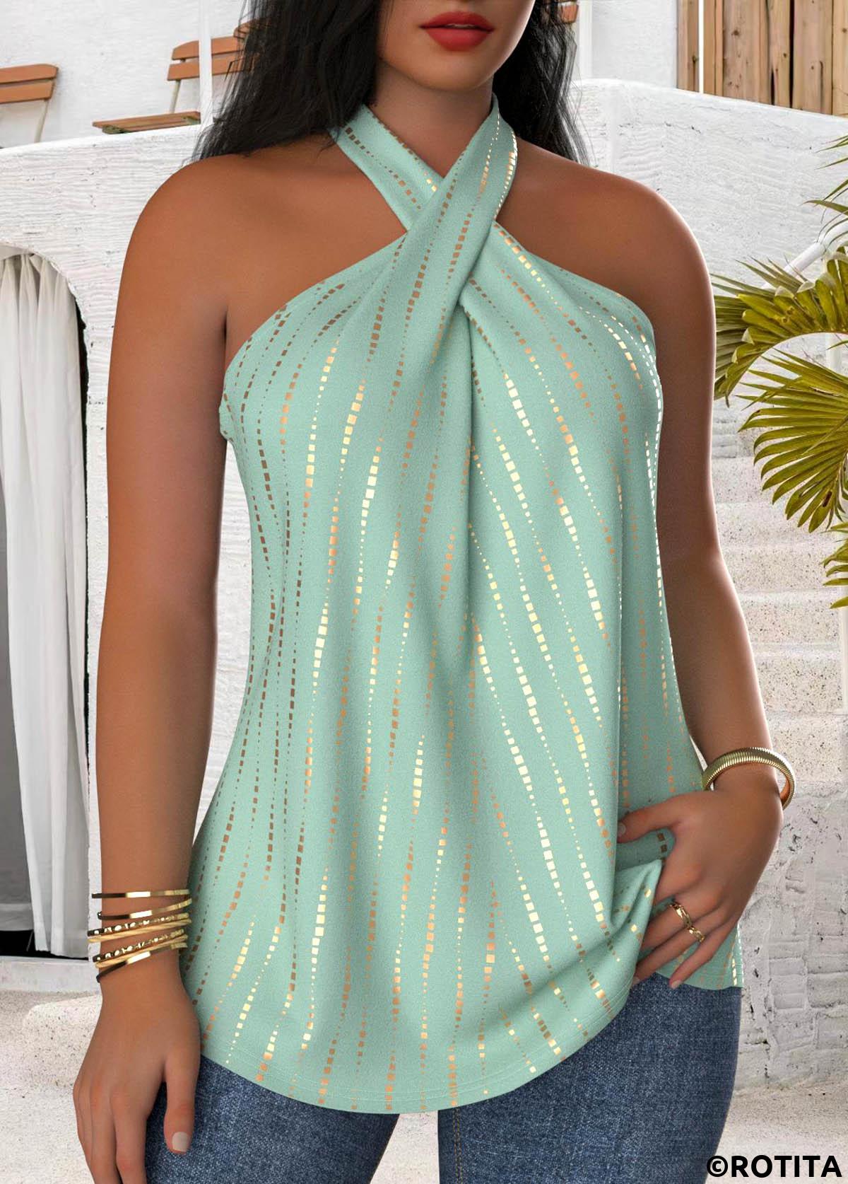 ROTITA Criss Cross Polka Dot Green Sleeveless Tank Top