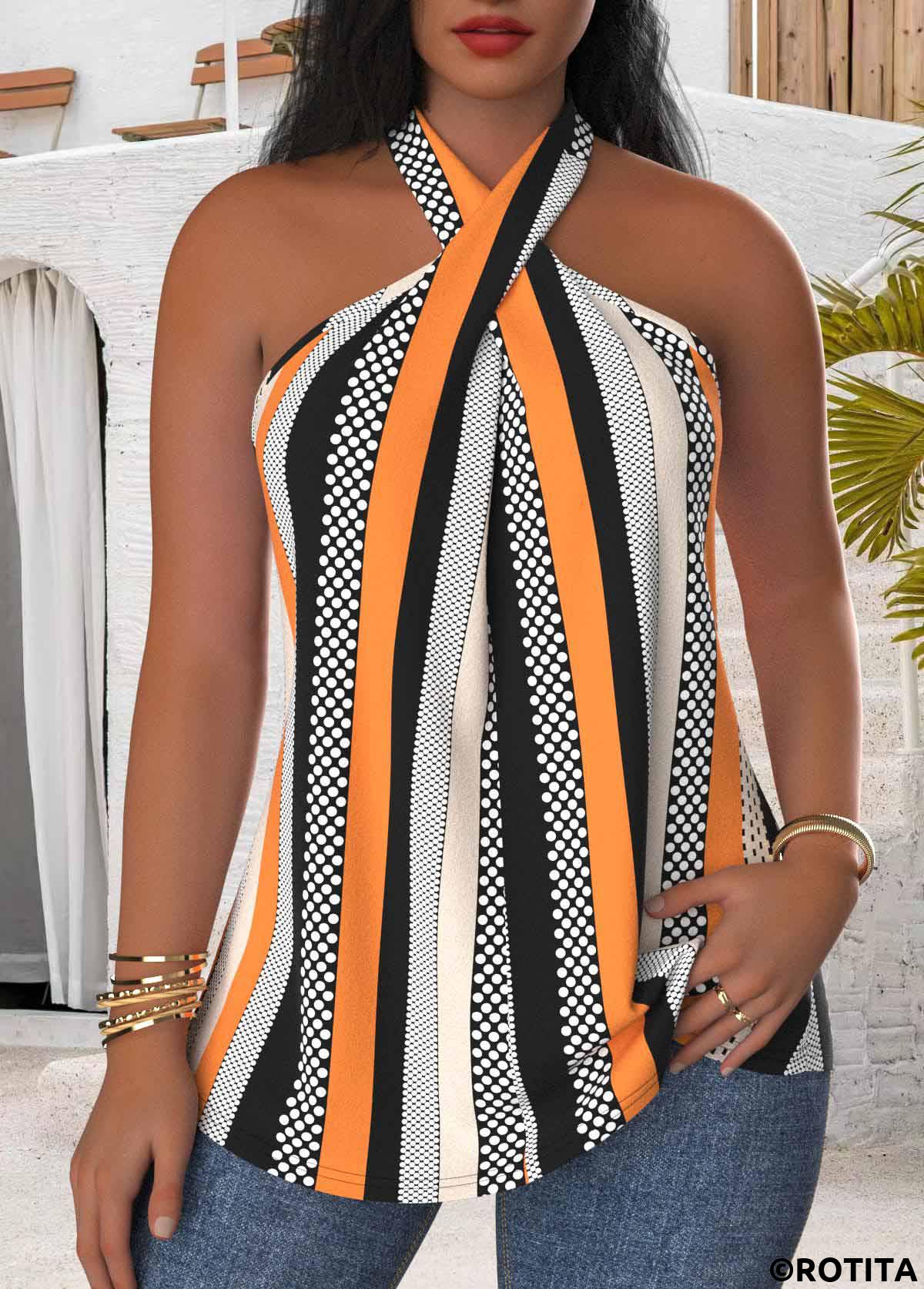 Multi Color tops,Striped tops,Geometric tops,Dot tops,ROTITA Criss Cross Striped Multi Color Sleeveless Tank Top