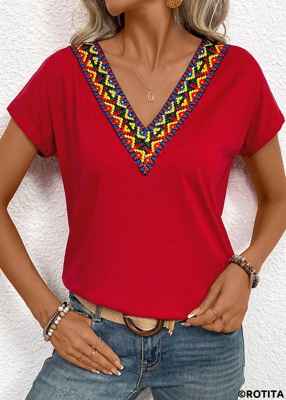 Red tops,Tribal tops,Patchwork Tribal Print Red V Neck T Shirt