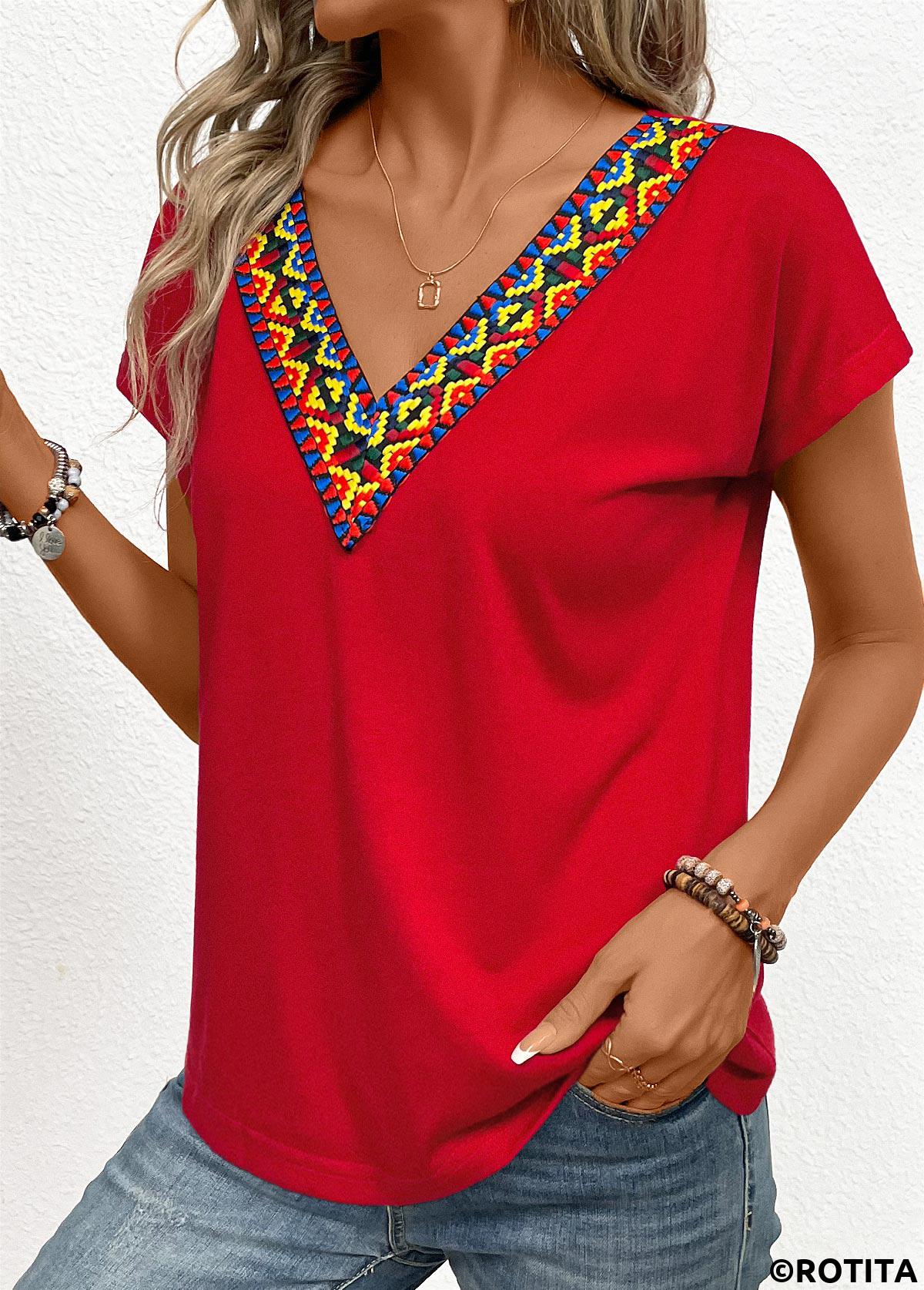 Red tops,Tribal tops,Patchwork Tribal Print Red V Neck T Shirt
