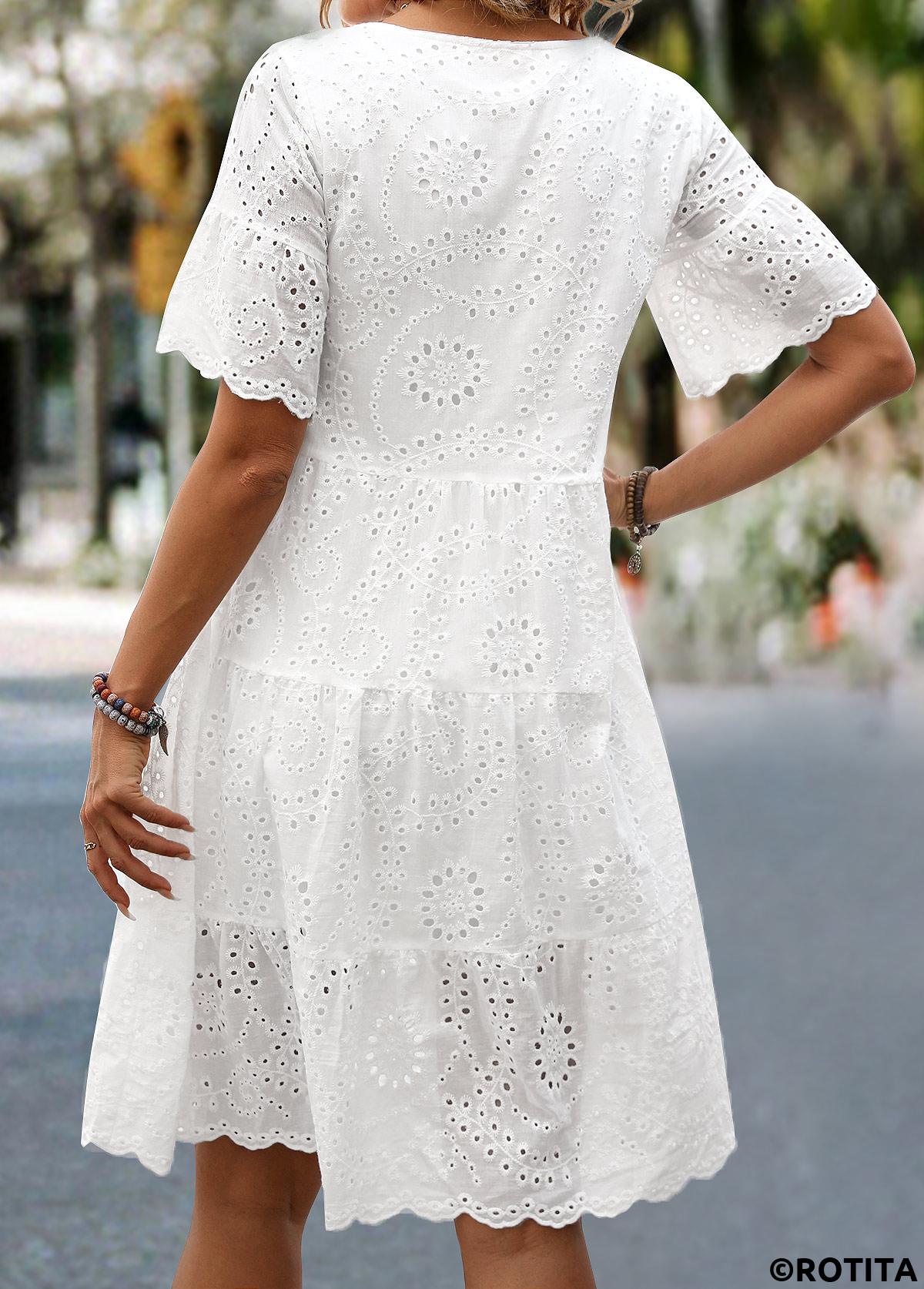 White dresses,Plain Color dresses,Everyday dresses,Casual dresses,Ruched White Round Neck Short Sleeve Dress
