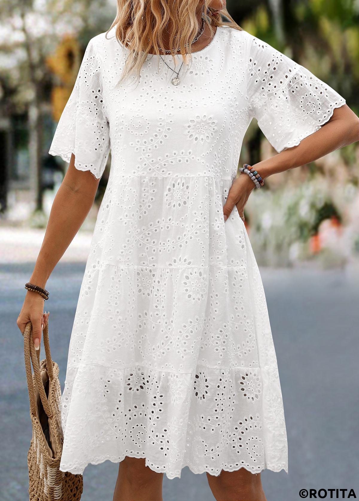 White dresses,Plain Color dresses,Everyday dresses,Casual dresses,Ruched White Round Neck Short Sleeve Dress