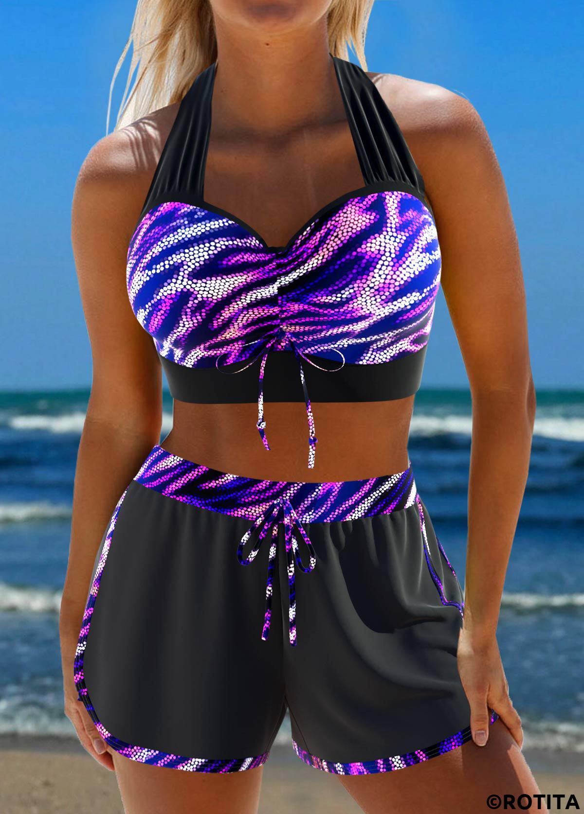 Black swimwear,Purple swimwear,Animal Print swimwear,Dot swimwear,Ombre swimwear,ROTITA Criss Cross Black Zebra Stripe Print Bikini Set