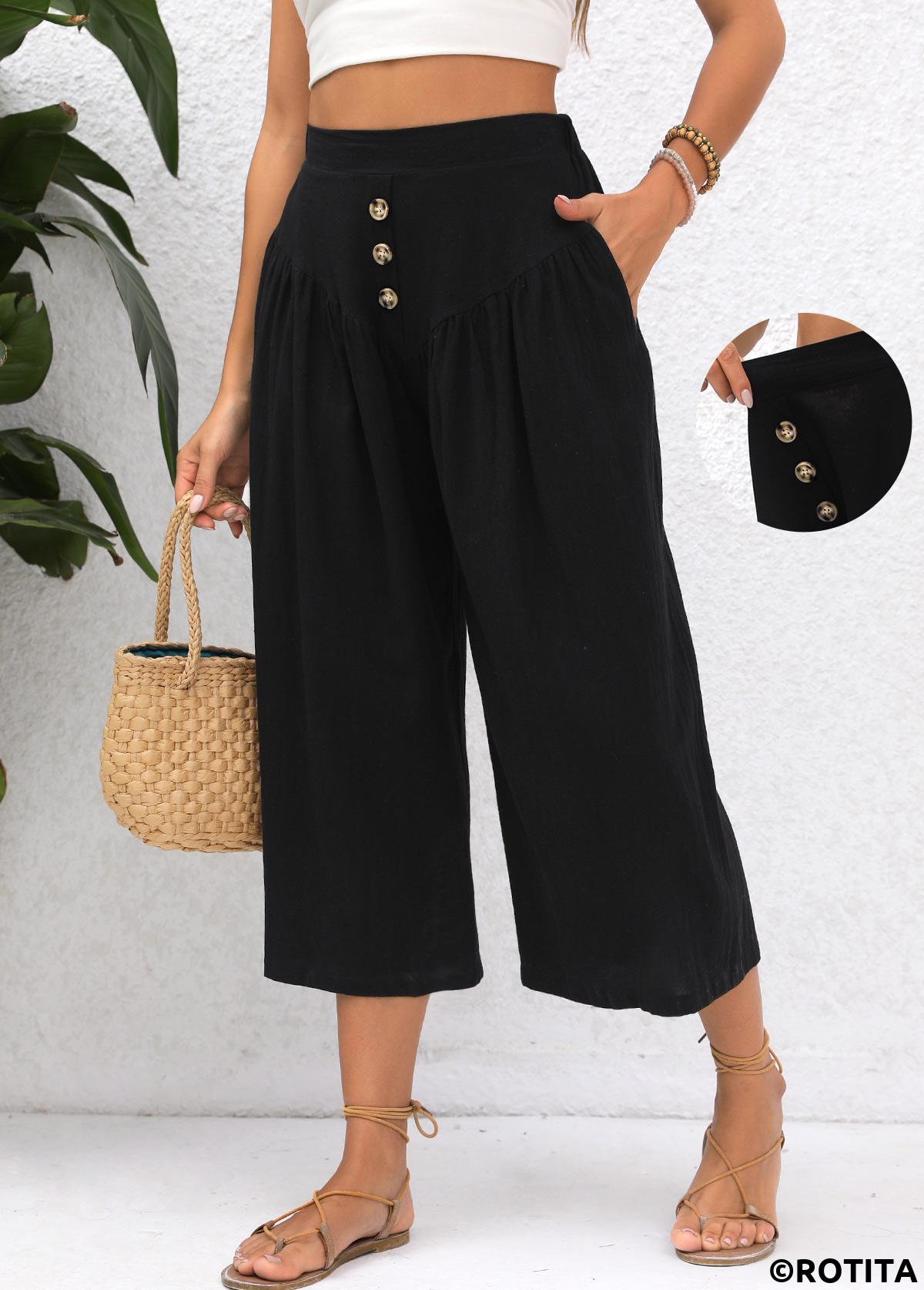 Black bottoms,Plain Color bottoms,Pocket Black Elastic Waist High Waisted Pants