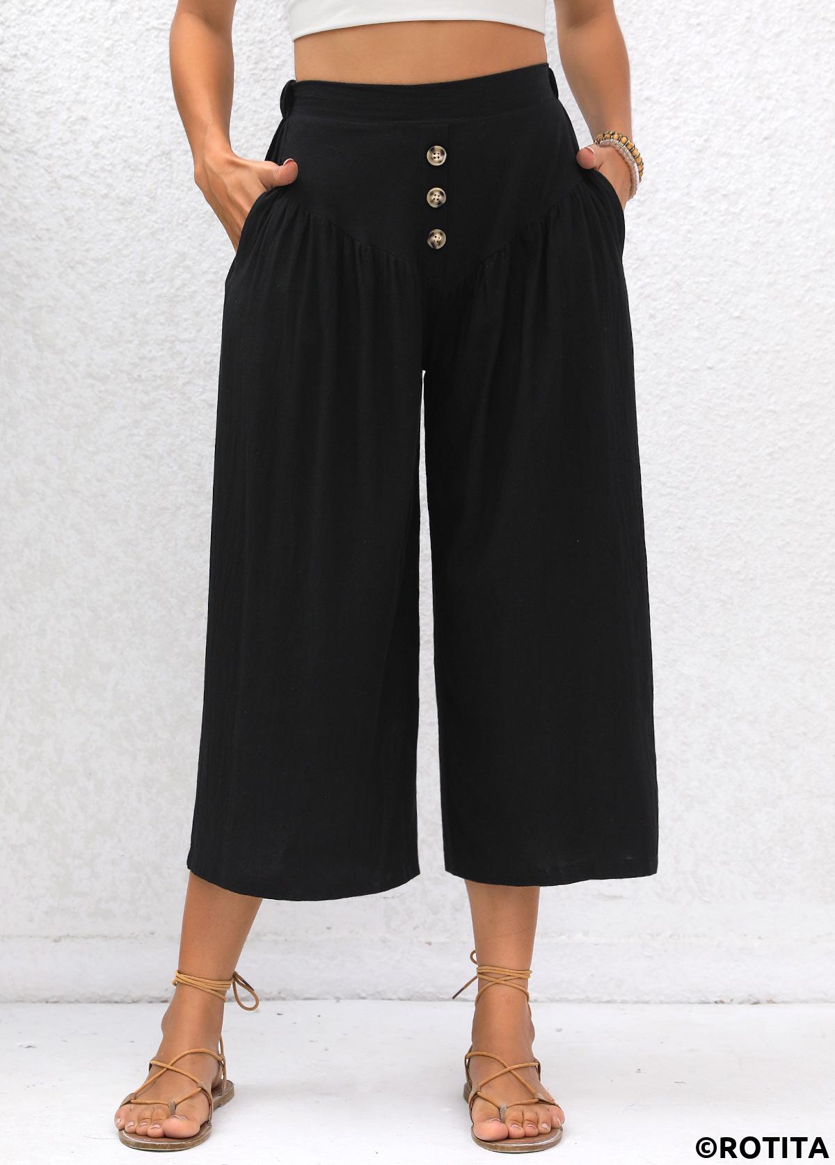 Black bottoms,Plain Color bottoms,Pocket Black Elastic Waist High Waisted Pants