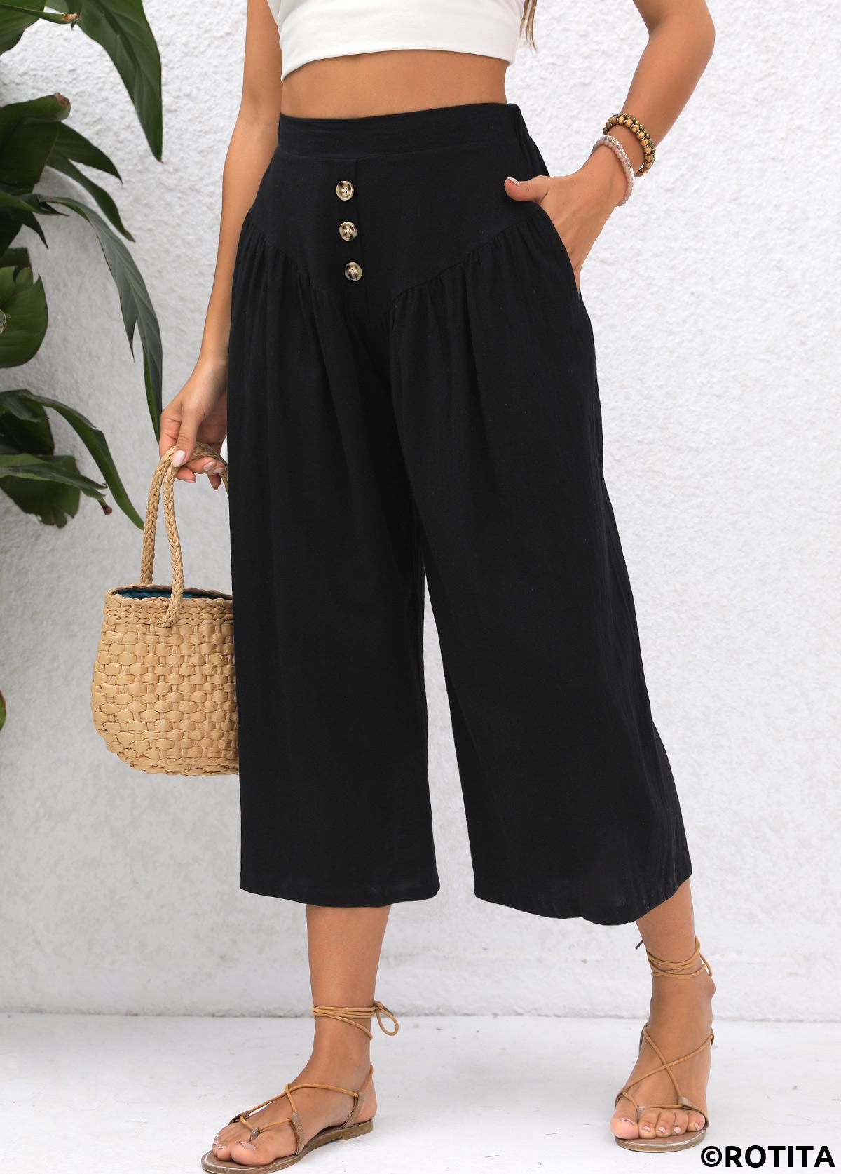 Black bottoms,Plain Color bottoms,Pocket Black Elastic Waist High Waisted Pants