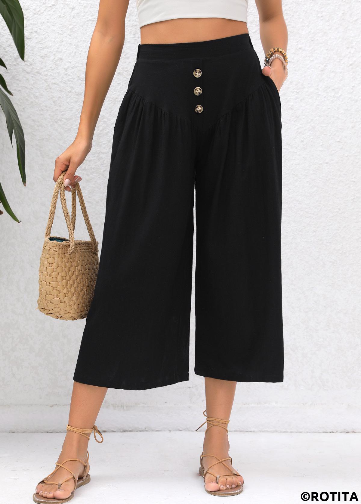 Black bottoms,Plain Color bottoms,Pocket Black Elastic Waist High Waisted Pants