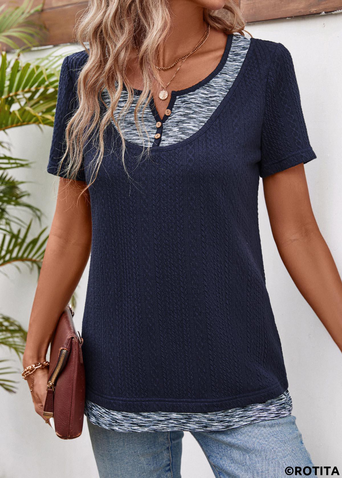 Navy tops,Contrast Color tops,ROTITA Patchwork Navy Split Neck Short Sleeve T Shirt