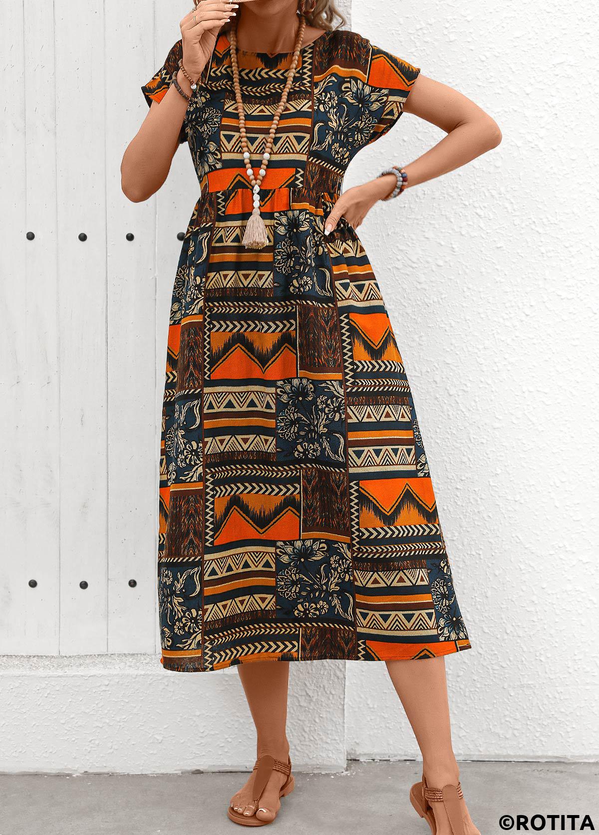 Pocket Tribal Print Orange Round Neck Short Sleeve Dress