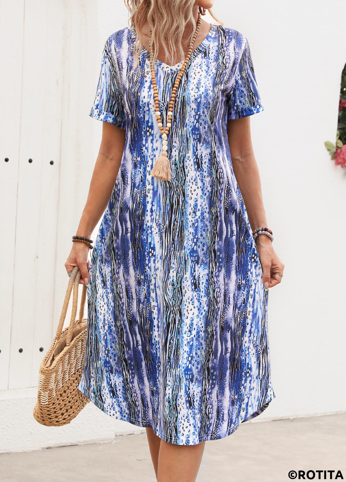 Breathable Graffiti Print Dusty Blue A Line Dress