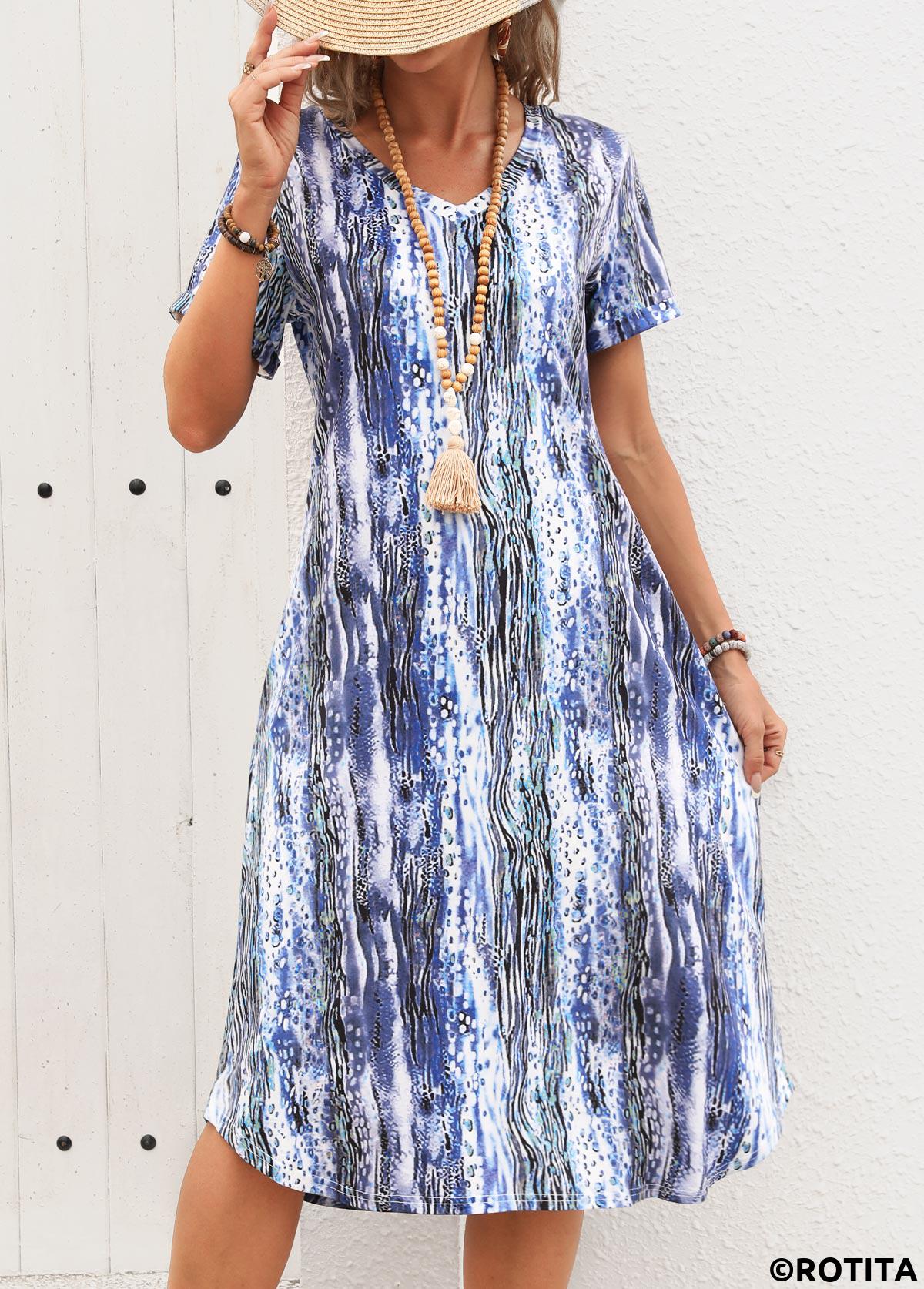 Breathable Graffiti Print Dusty Blue A Line Dress