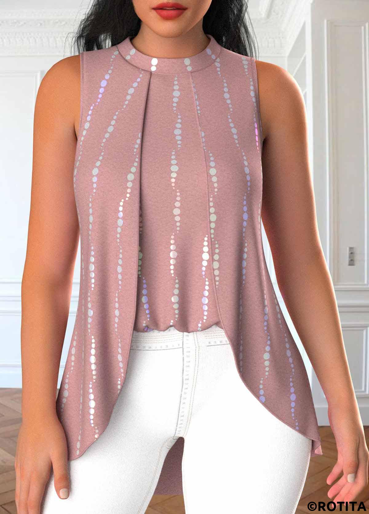 Dusty Pink tops,Geometric tops,Dot tops,ROTITA Fake 2in1 Geometric Print Dusty Pink Sleeveless Tank Top