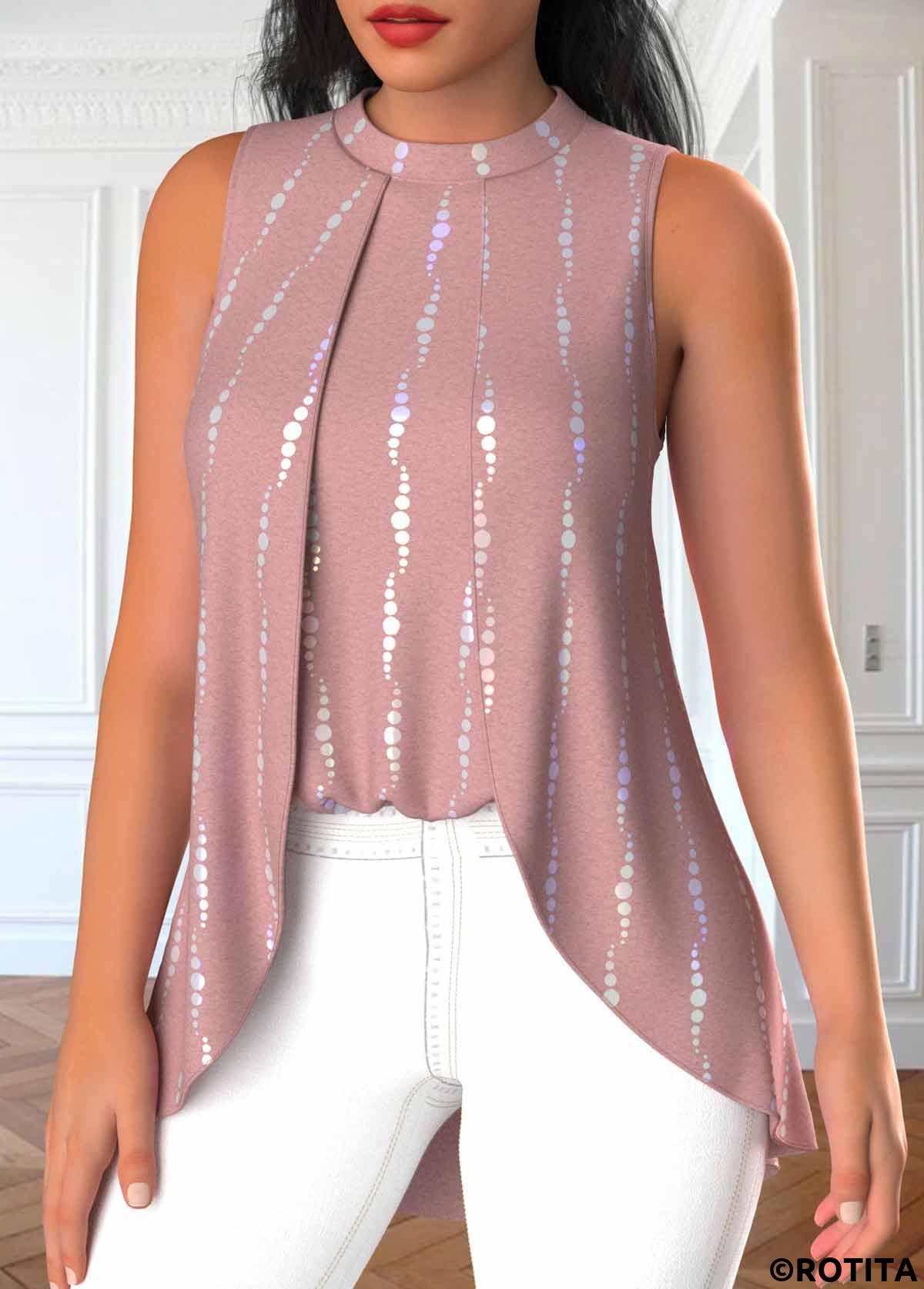 Dusty Pink tops,Geometric tops,Dot tops,ROTITA Fake 2in1 Geometric Print Dusty Pink Sleeveless Tank Top