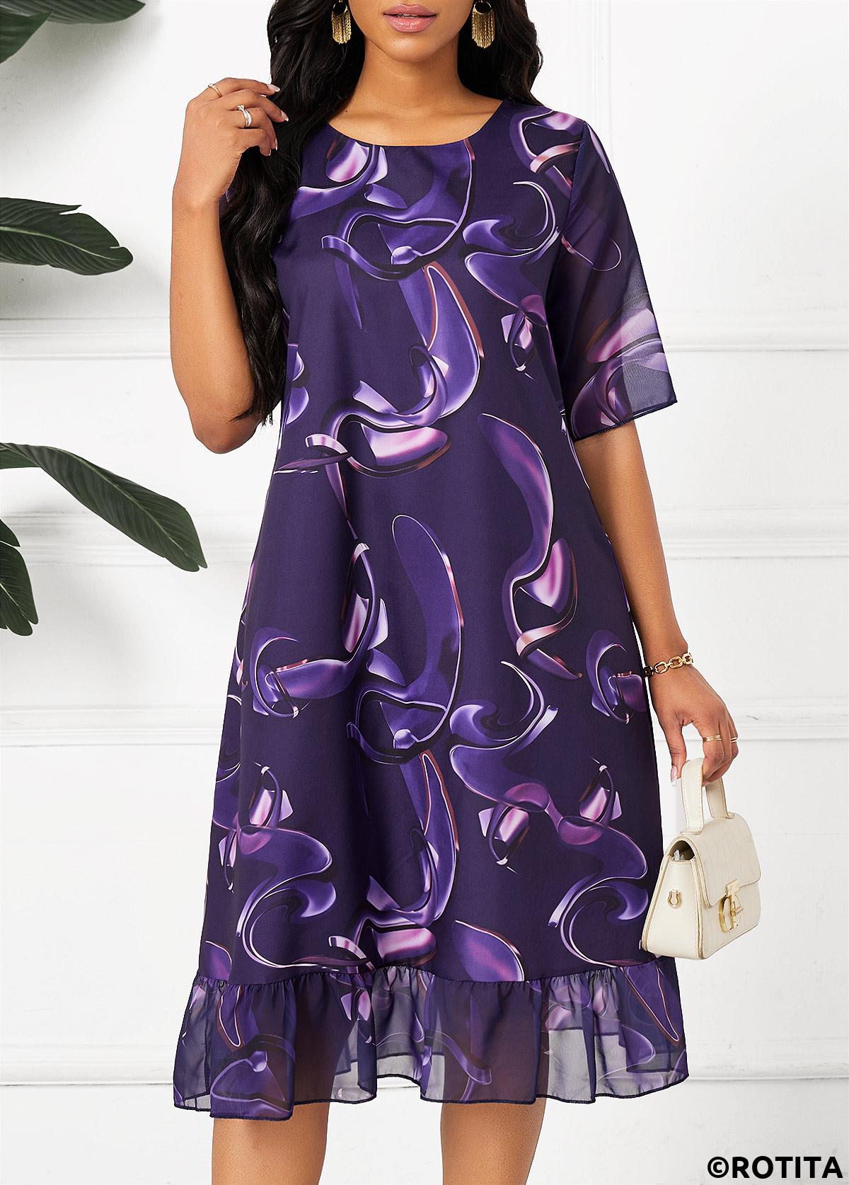 Dark Purple dresses,Ombre dresses,Party dresses,Elegant dresses,Ruched Ombre Dark Purple A Line Round Neck Dress