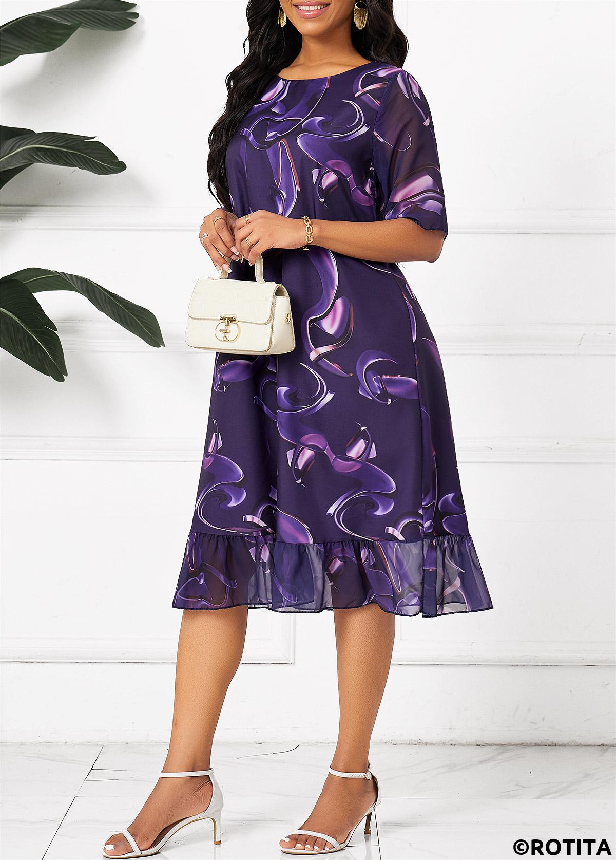 Dark Purple dresses,Ombre dresses,Party dresses,Elegant dresses,Ruched Ombre Dark Purple A Line Round Neck Dress