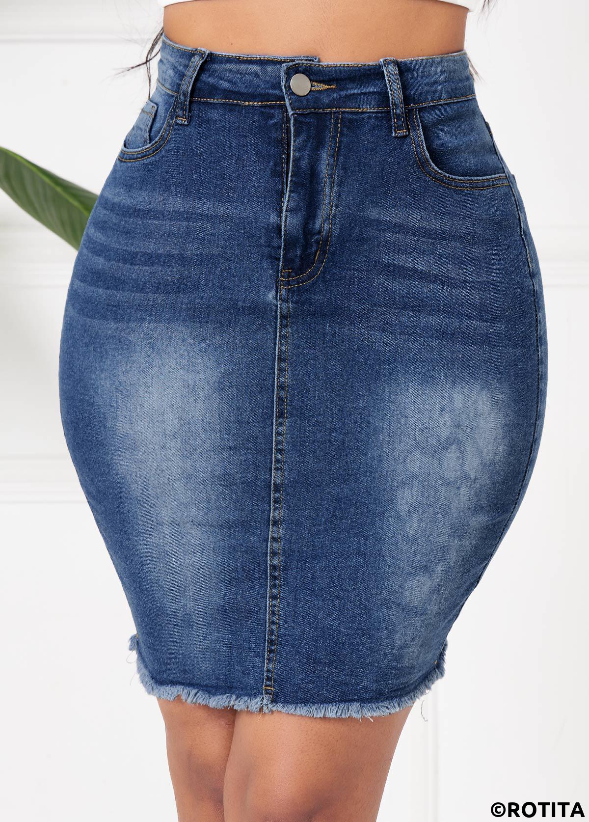 Denim Blue bottoms,Plain Color bottoms,Pocket Button Fly Denim Blue Bodycon Skirt