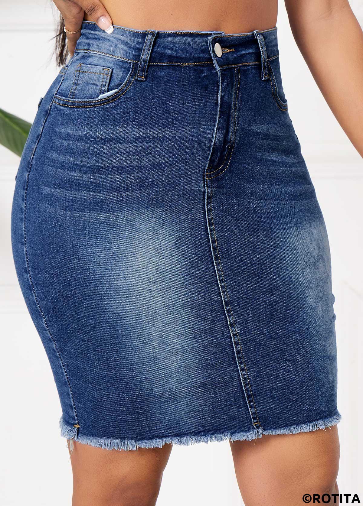Denim Blue bottoms,Plain Color bottoms,Denim Blue Button Fly Bodycon Skirt