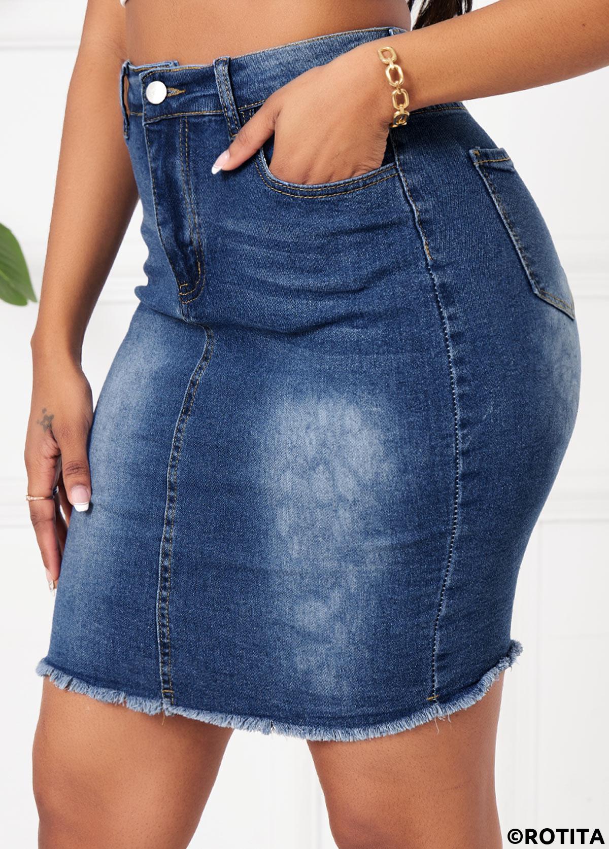 Denim Blue bottoms,Plain Color bottoms,Denim Blue Button Fly Bodycon Skirt