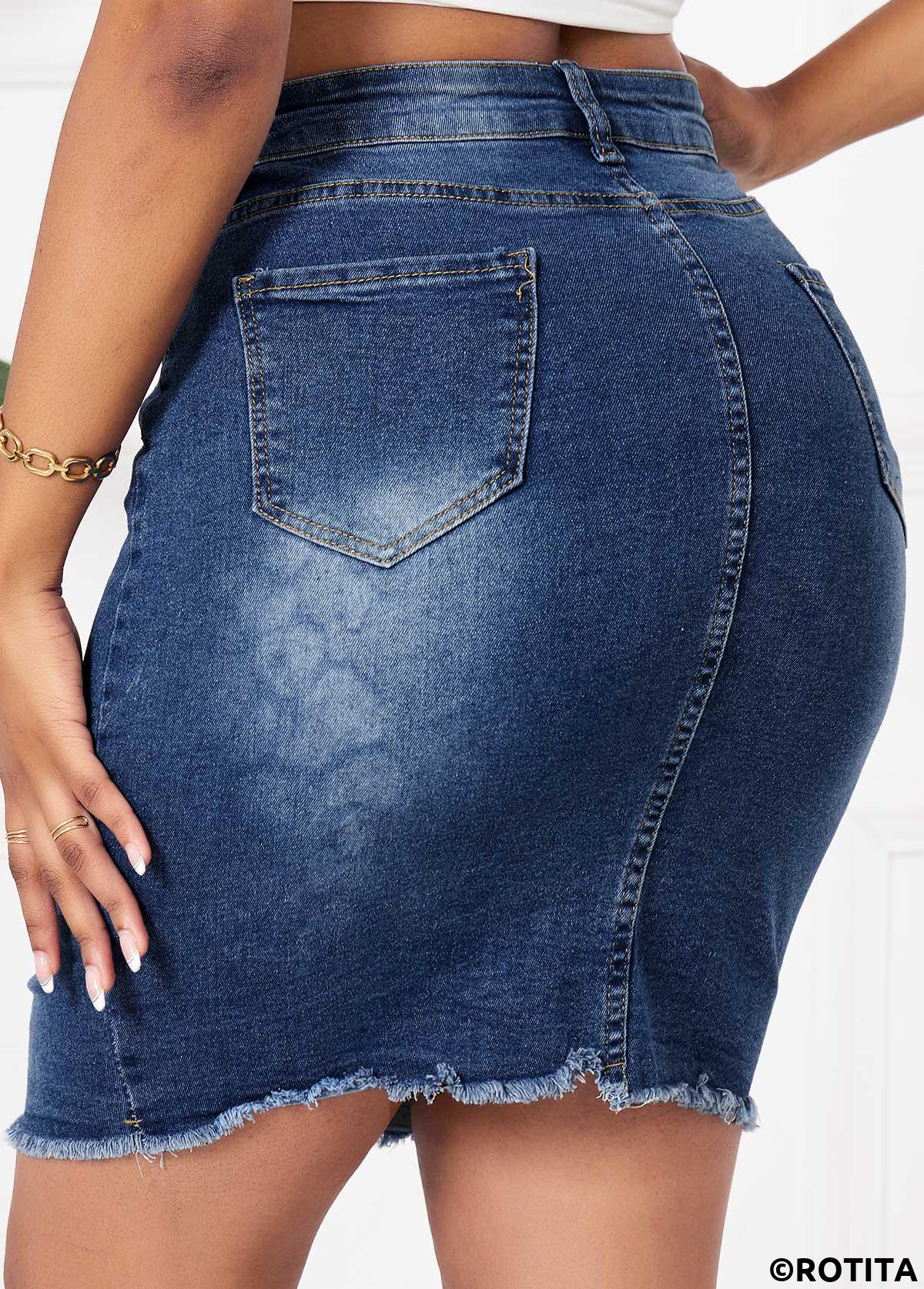 Denim Blue bottoms,Plain Color bottoms,Denim Blue Button Fly Bodycon Skirt