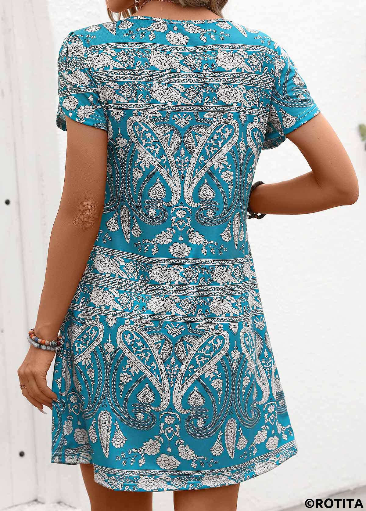 Mint Green dresses,Tribal dresses,Paisley dresses,Floral dresses,Plants dresses,Vacation dresses,Vacation dresses,Tribal Print Mint Green Short Round Neck Dress